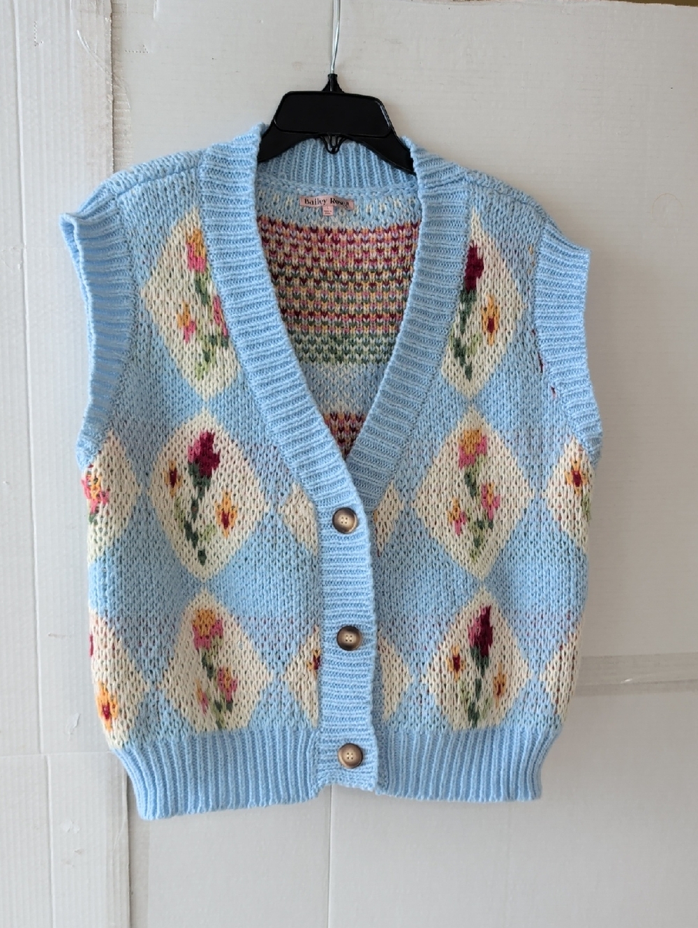 Light Blue Floral Argyle Knit Vest SZ Large Whimsy Cottagecore Pastel Cozy Chic